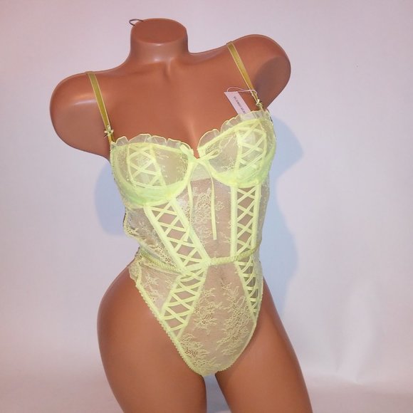 Victoria Secret Lingerie Teddy One Piece Bodysuit Yellow Wicked Lace Fairy Cotta - Picture 3 of 16